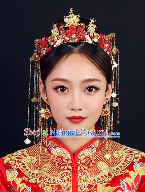 Traditional Chinese Wedding Red Leaf Phoenix Coronet Handmade Ancient Bride Hairpins Hair Accessories Complete Set