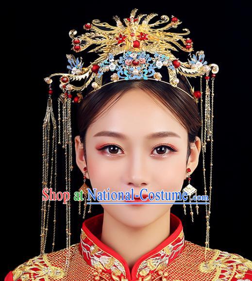 Traditional Chinese Wedding Golden Phoenix Coronet Handmade Ancient Bride Hairpins Hair Accessories Complete Set