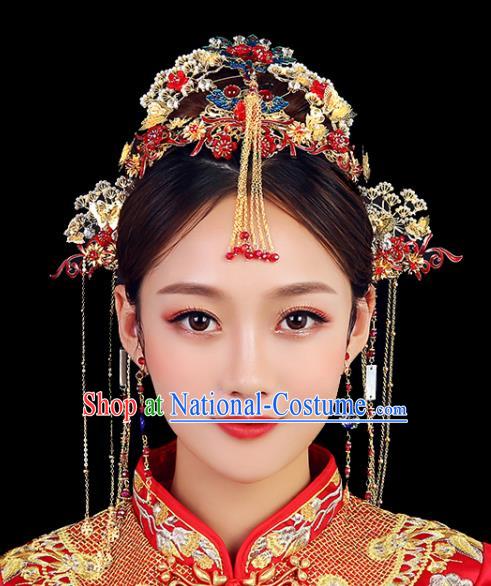 Traditional Chinese Wedding Blueing Phoenix Coronet Handmade Ancient Bride Hairpins Hair Accessories Complete Set