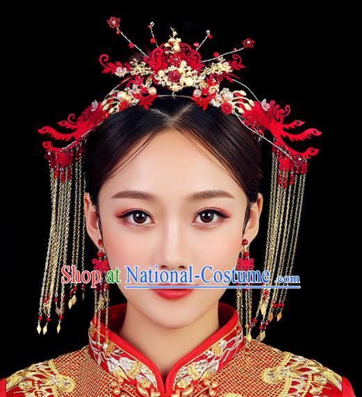 Traditional Chinese Wedding Handmade Red Phoenix Coronet Ancient Bride Hairpins Hair Accessories Complete Set