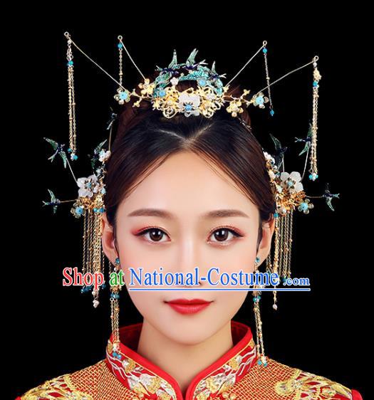 Traditional Chinese Wedding Handmade Blueing Birds Phoenix Coronet Ancient Bride Hairpins Hair Accessories Complete Set