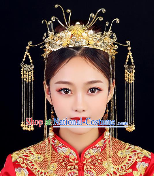 Traditional Chinese Wedding Handmade Golden Phoenix Coronet Ancient Bride Hairpins Hair Accessories Complete Set