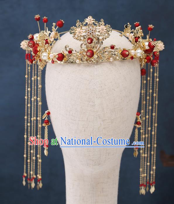 Traditional Chinese Wedding Handmade Red Beads Phoenix Coronet Ancient Bride Hairpins Hair Accessories Complete Set