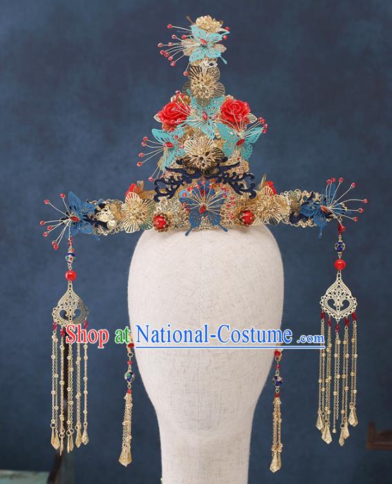 Traditional Chinese Wedding Handmade Red Roses Phoenix Coronet Ancient Bride Hairpins Hair Accessories Complete Set