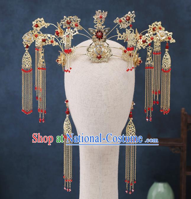 Traditional Chinese Wedding Handmade Golden Tassel Phoenix Coronet Ancient Bride Hairpins Hair Accessories Complete Set