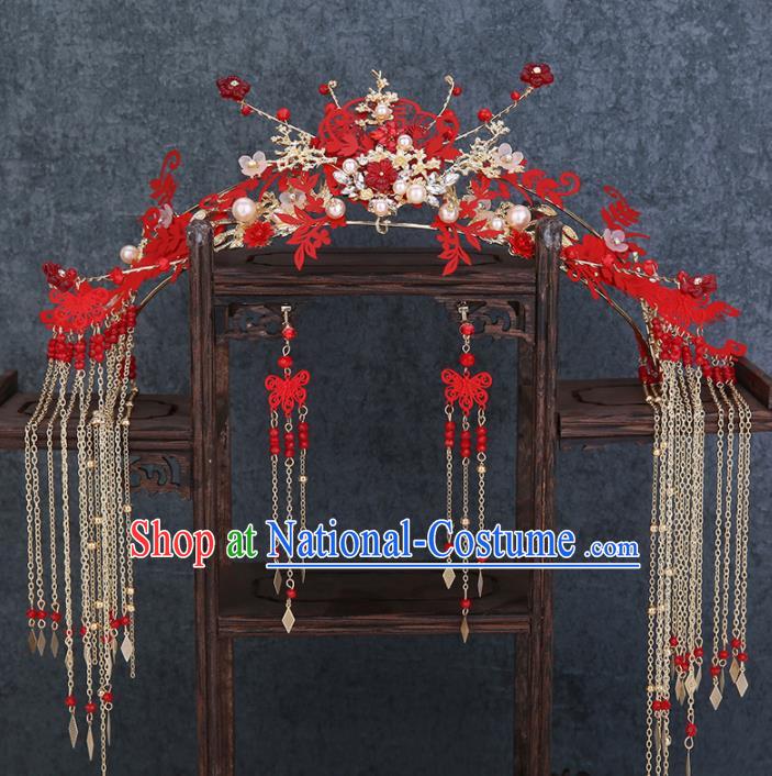 Traditional Chinese Wedding Handmade Red Phoenix Coronet Ancient Bride Hairpins Hair Accessories Complete Set