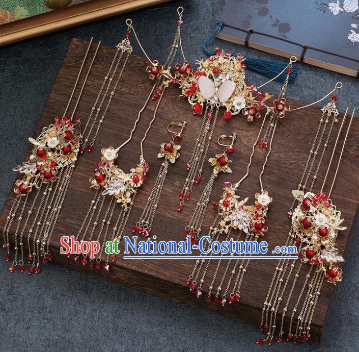 Traditional Chinese Wedding Handmade Tassel Hair Crown Ancient Bride Hairpins Hair Accessories Complete Set