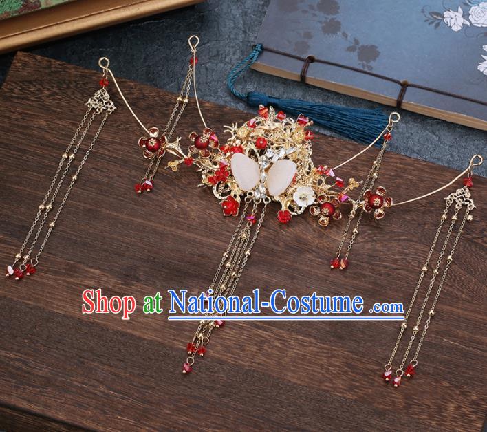 Traditional Chinese Wedding Handmade Tassel Hair Crown Ancient Bride Hairpins Hair Accessories Complete Set