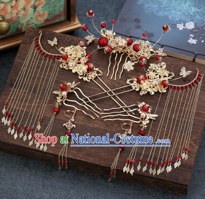 Traditional Chinese Wedding Handmade Hair Comb Ancient Bride Hairpins Hair Accessories Complete Set