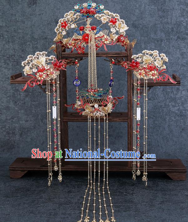 Traditional Chinese Wedding Handmade Phoenix Pine Hair Comb Ancient Bride Hairpins Hair Accessories Complete Set