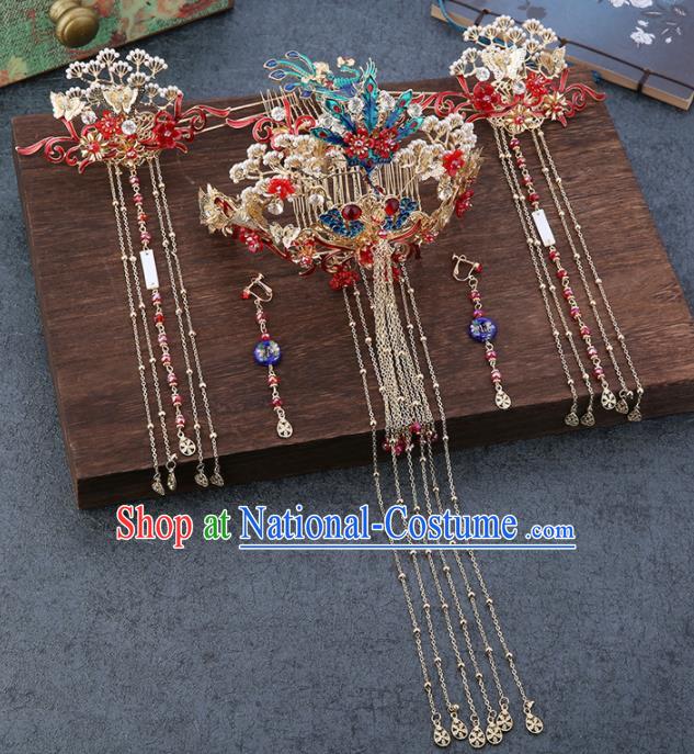 Traditional Chinese Wedding Handmade Phoenix Pine Hair Comb Ancient Bride Hairpins Hair Accessories Complete Set