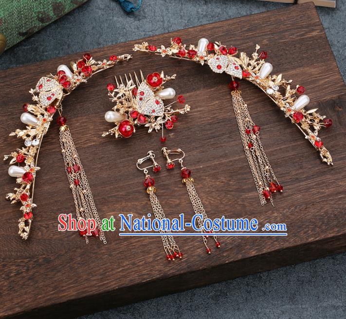 Traditional Chinese Wedding Handmade Crystal Hair Comb Ancient Bride Hairpins Hair Accessories Complete Set