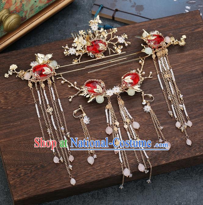 Traditional Chinese Wedding Handmade Red Crystal Hair Comb Ancient Bride Hairpins Hair Accessories Complete Set