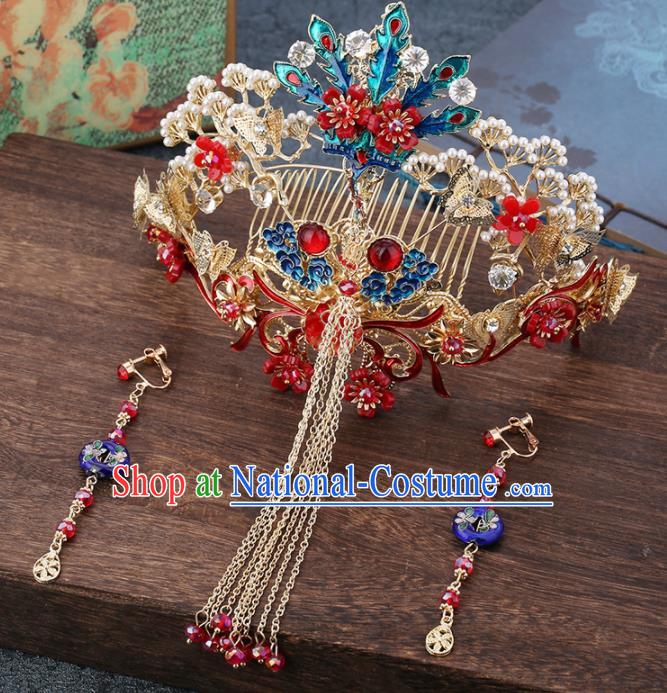 Traditional Chinese Wedding Handmade Phoenix Pine Hair Comb Ancient Bride Hairpins Hair Accessories Complete Set