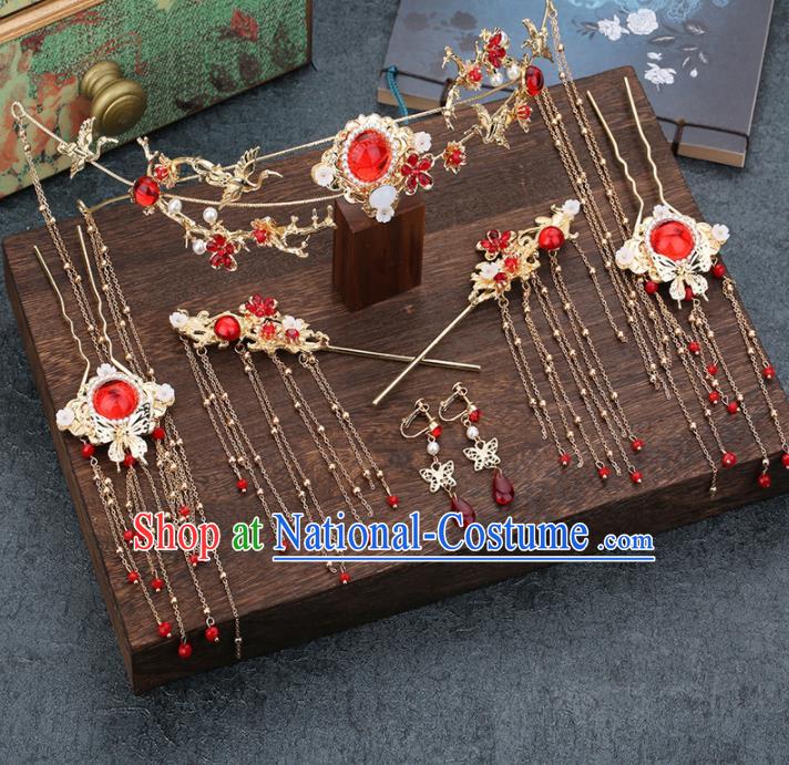 Traditional Chinese Wedding Handmade Red Crystal Hair Clasp Ancient Bride Hairpins Hair Accessories Complete Set