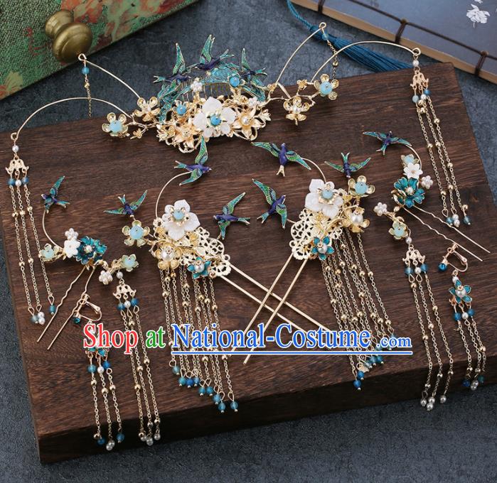 Traditional Chinese Wedding Handmade Blue Birds Hair Comb Ancient Bride Hairpins Hair Accessories Complete Set