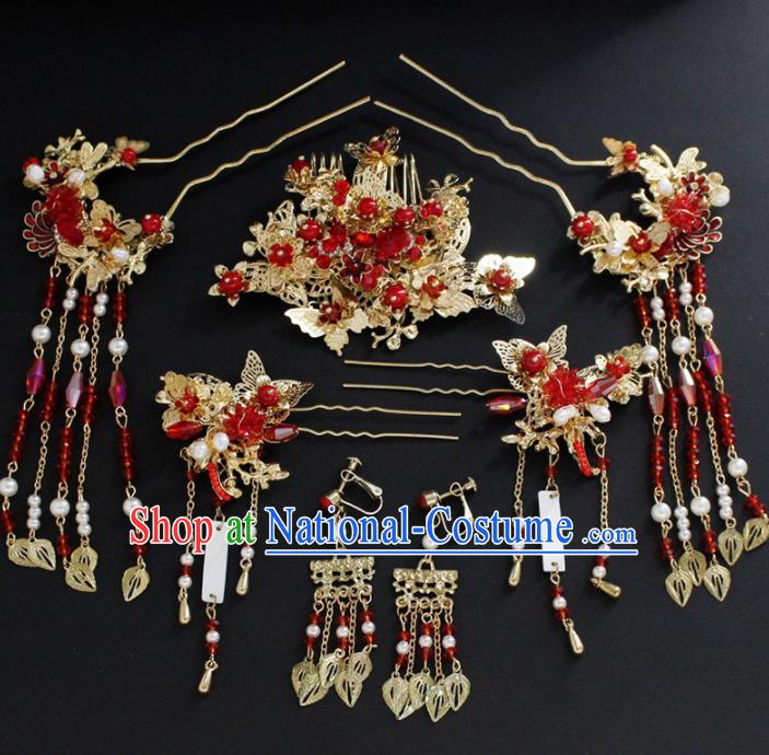 Traditional Chinese Wedding Handmade Red Crystal Hair Comb Ancient Bride Hairpins Hair Accessories Complete Set