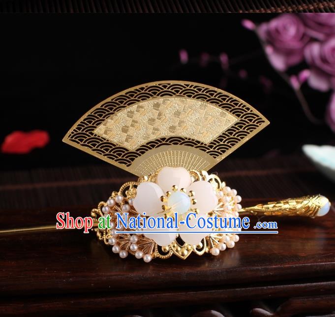 Traditional Chinese Hanfu Golden Fan Hair Crown Ancient Court Princess Hairpins Handmade Hair Accessories for Women