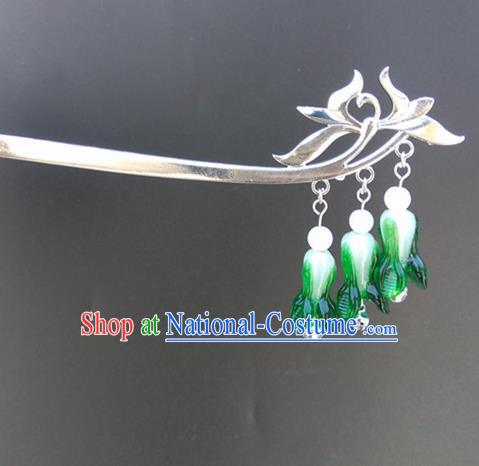 Traditional Chinese Hanfu Bells Tassel Green Hair Clip Ancient Court Princess Hairpins Hair Accessories for Women