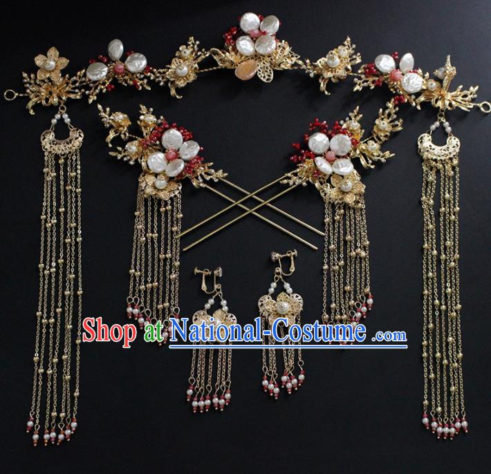 Traditional Chinese Wedding Handmade Shell Hair Clasp Ancient Bride Hairpins Hair Accessories Complete Set