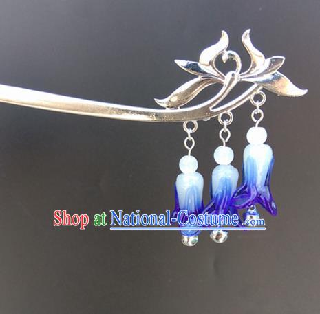 Traditional Chinese Hanfu Bells Tassel Royalblue Hair Clip Ancient Court Princess Hairpins Hair Accessories for Women