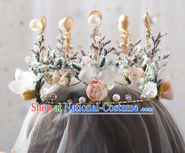 Handmade Baroque Princess Silk Flowers Round Royal Crown Bride Wedding Hair Accessories for Women