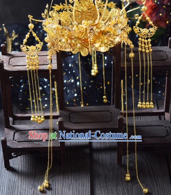 Traditional Chinese Handmade Golden Tassel Phoenix Coronet Ancient Wedding Bride Hairpins Hair Accessories for Women