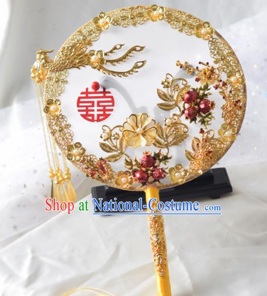 Traditional Chinese Handmade Wedding Golden Phoenix Round Fans Ancient Bride Palace Fan for Women