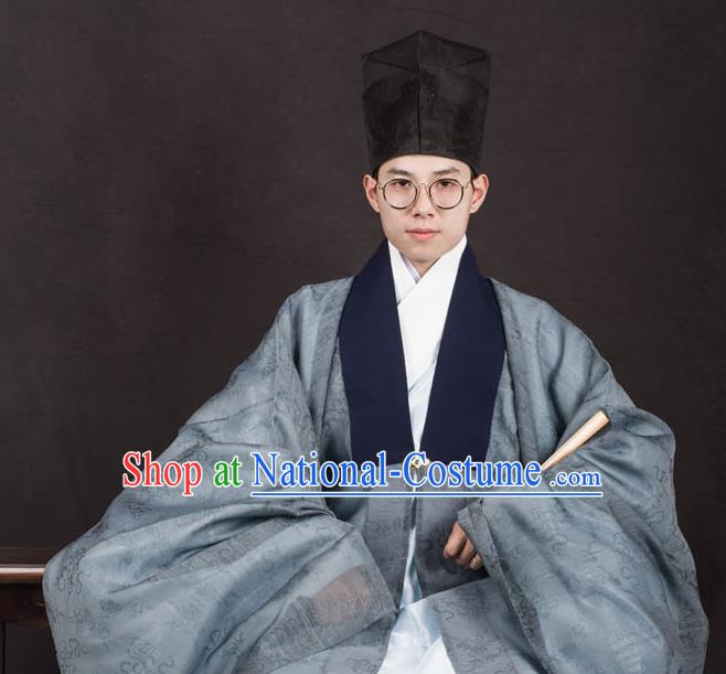 Traditional Chinese Ming Dynasty Swordsman Replica Costumes Ancient Taoist Priest Grey Hanfu Cloak for Men