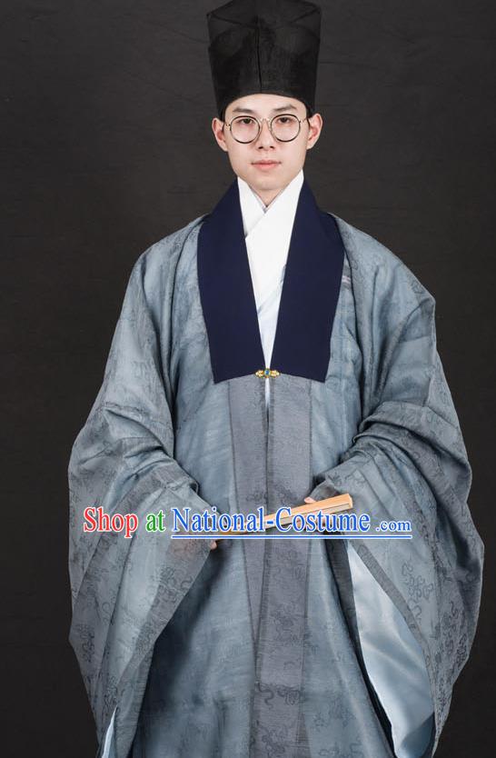 Traditional Chinese Ming Dynasty Swordsman Replica Costumes Ancient Taoist Priest Grey Hanfu Cloak for Men