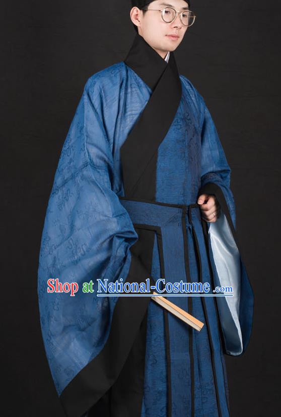 Traditional Chinese Ming Dynasty Scholar Replica Costumes Ancient Taoist Priest Blue Hanfu Clothing for Men