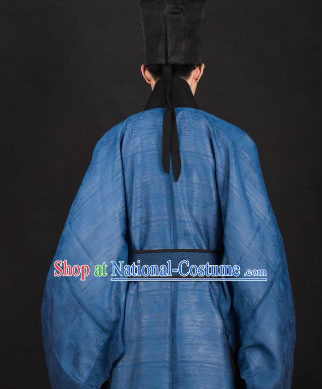 Traditional Chinese Ming Dynasty Scholar Replica Costumes Ancient Taoist Priest Blue Hanfu Clothing for Men