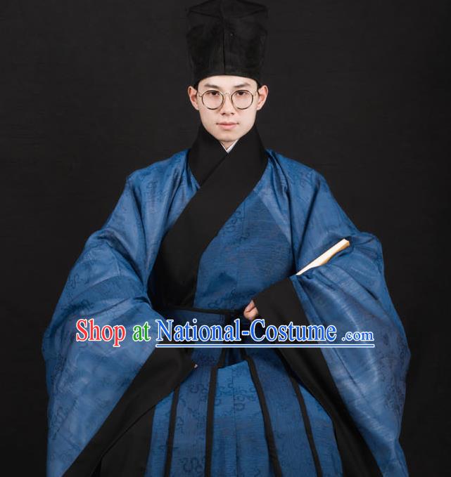 Traditional Chinese Ming Dynasty Scholar Replica Costumes Ancient Taoist Priest Blue Hanfu Clothing for Men