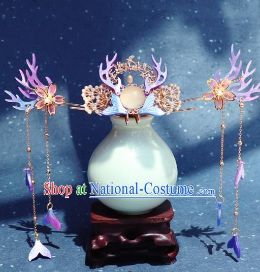 Traditional Chinese Hanfu Purple Antler Hair Crown Ancient Court Princess Hairpins Hair Accessories for Kids