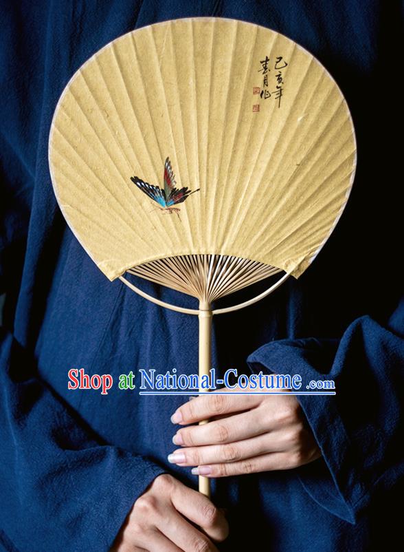 Traditional Chinese Handmade Yellow Paper Palace Fans Ink Painting Butterfly Fans