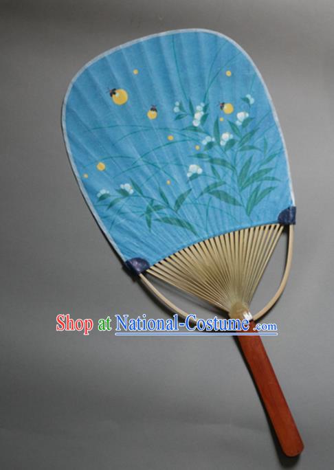 Traditional Chinese Handmade Printing Glowworm Blue Paper Palace Fans Bamboo Fans