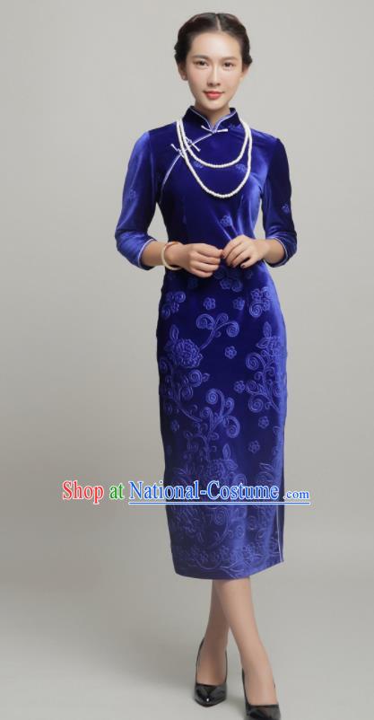 Chinese Traditional Classical Royalblue Velvet Cheongsam National Tang Suit Qipao Dress for Women