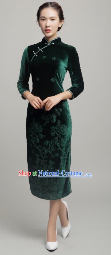 Chinese Traditional Classical Green Velvet Cheongsam National Tang Suit Qipao Dress for Women