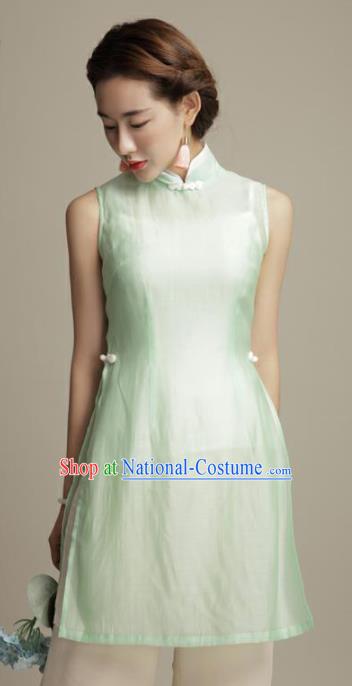 Chinese Traditional Tang Suit Green Silk Blouse Classical National Shirt Upper Outer Garment for Women