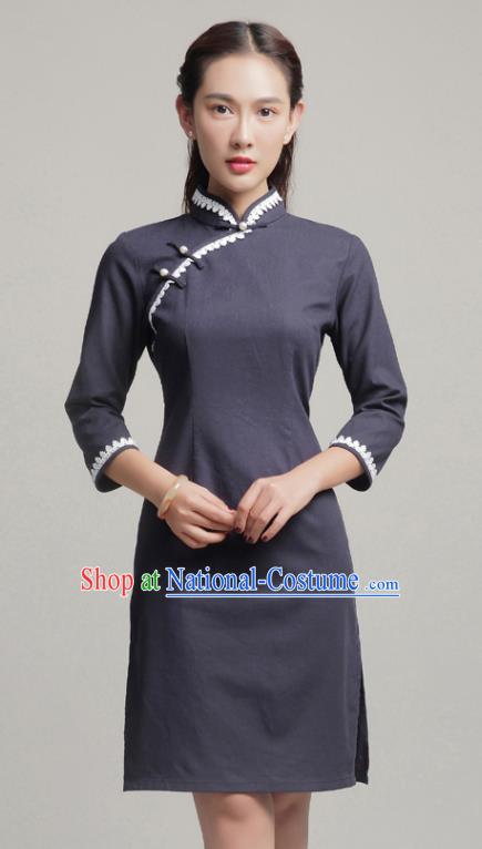 Chinese Traditional Classical Navy Short Cheongsam National Tang Suit Qipao Dress for Women