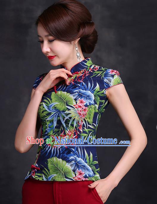 Chinese Traditional Tang Suit Printing Blue Blouse Classical National Shirt Upper Outer Garment for Women