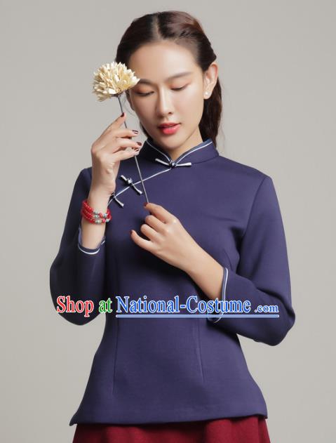 Chinese Traditional Tang Suit Navy Blouse Classical National Shirt Upper Outer Garment for Women