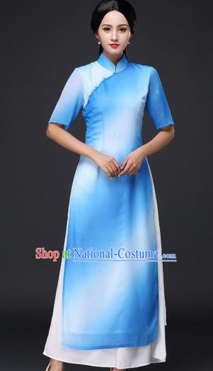 Chinese Traditional Classical Dance Blue Cheongsam National Costume Tang Suit Qipao Dress for Women