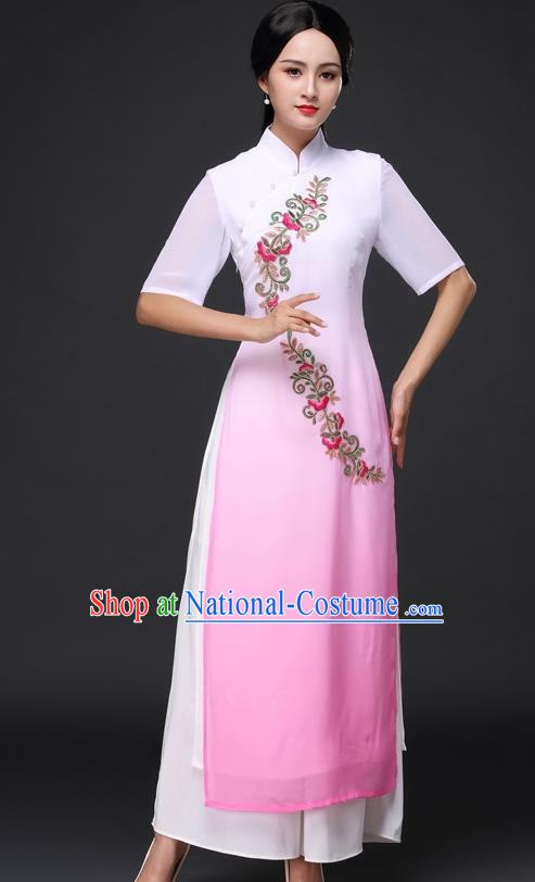 Traditional Chinese Classical Dance Pink Cheongsam National Costume Tang Suit Qipao Dress for Women