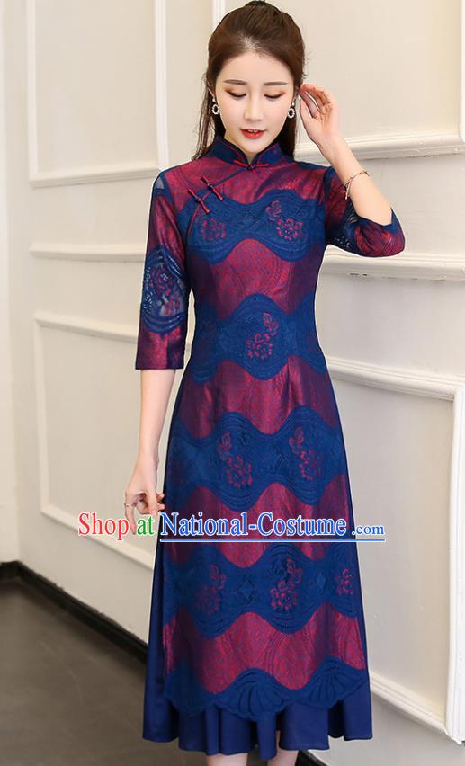 Traditional Chinese Classical Dance Deep Blue Cheongsam National Costume Tang Suit Qipao Dress for Women