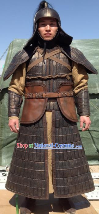 Chinese Ancient Cosplay Soldier Armor and Helmet Traditional Yuan Dynasty General Costumes Complete Set for Men