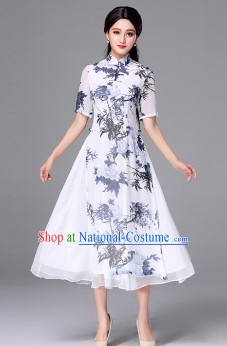 Traditional Chinese Classical Printing Bamboo Cheongsam National Costume Tang Suit Qipao Dress for Women