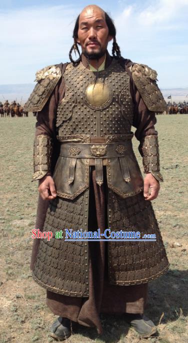 Chinese Ancient Drama Soldier Armor and Helmet Traditional Yuan Dynasty General Costumes Complete Set for Men