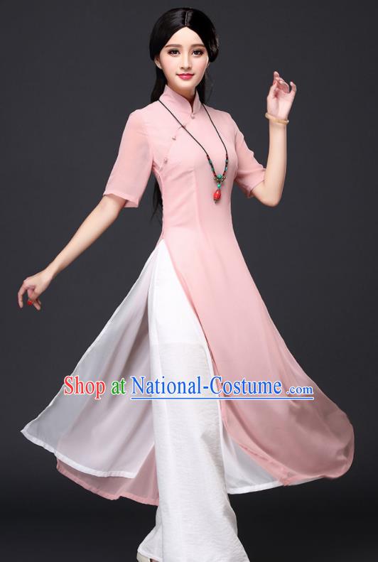 Traditional Chinese Classical Pink Veil Cheongsam National Costume Tang Suit Qipao Dress for Women