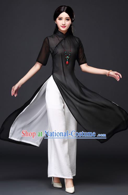 Traditional Chinese Classical Black Veil Cheongsam National Costume Tang Suit Qipao Dress for Women